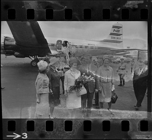 Lady Bird Johnson greeted at Logan Airport by Gov. Endicott Peabody
