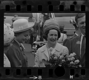Lady Bird Johnson greeted at Logan Airport by Mary Collins, Toni Peabody, and Gov. Endicott Peabody
