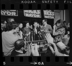 Louise Day Hicks addressing supporters at campaign headquarters