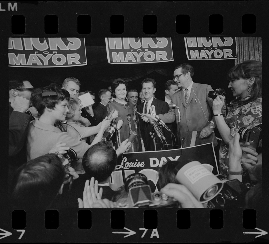 Louise Day Hicks addressing supporters at campaign headquarters