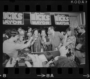 Louise Day Hicks addressing supporters at campaign headquarters