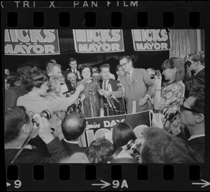 Louise Day Hicks addressing supporters at campaign headquarters