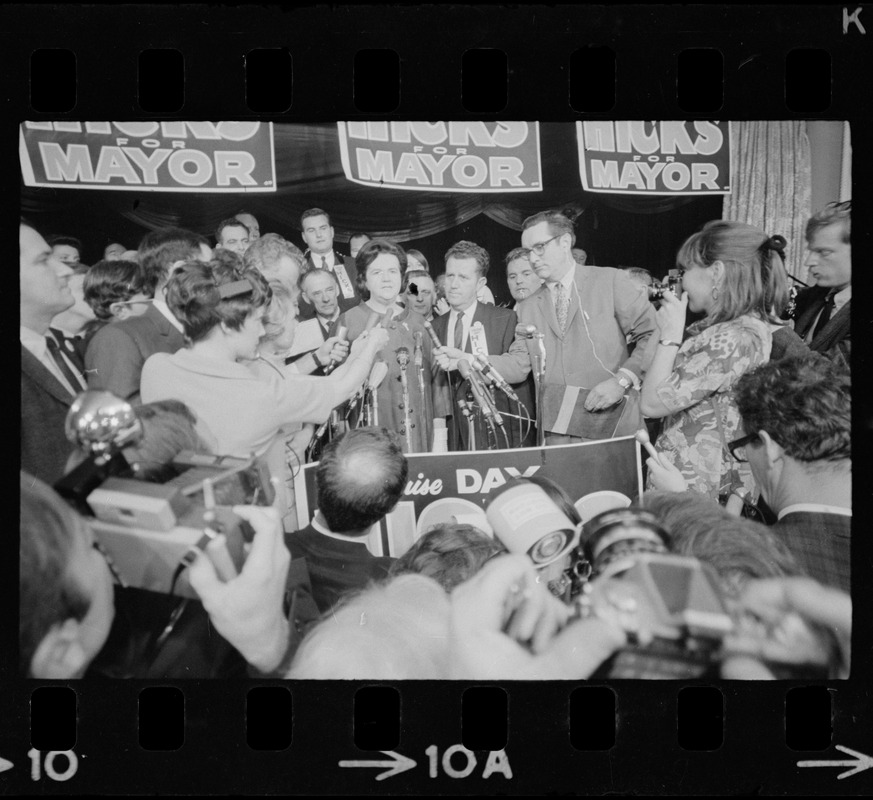 Louise Day Hicks addressing supporters at campaign headquarters