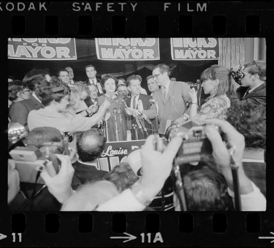 Louise Day Hicks addressing supporters at campaign headquarters