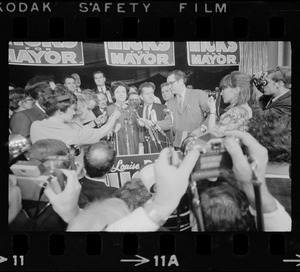 Louise Day Hicks addressing supporters at campaign headquarters