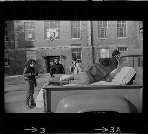 Students putting mattresses into a truck outside Ford Hall at Brandeis University, Waltham, where Black student protestors have taken over the building