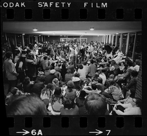 Brandeis University students sitting in administration building in solidarity with Black student occupation