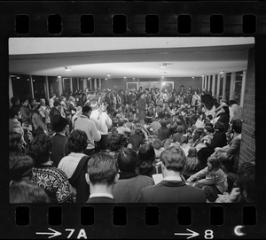 President Morris Abram addresses students sitting in Brandeis University administration building in solidarity with Black student occupation