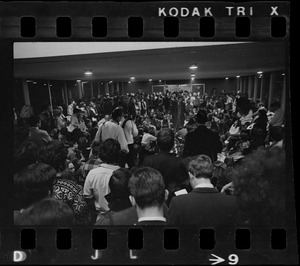 President Morris Abram addresses students sitting in Brandeis University administration building in solidarity with Black student occupation