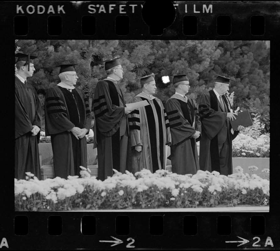 Dignitaries, including Gov. John Volpe, MIT president Howard W. Johnson, and Dr. James R. Killian at Johnson's inauguration
