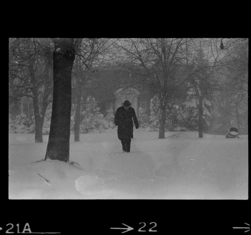 Man walking outside during nor'easter