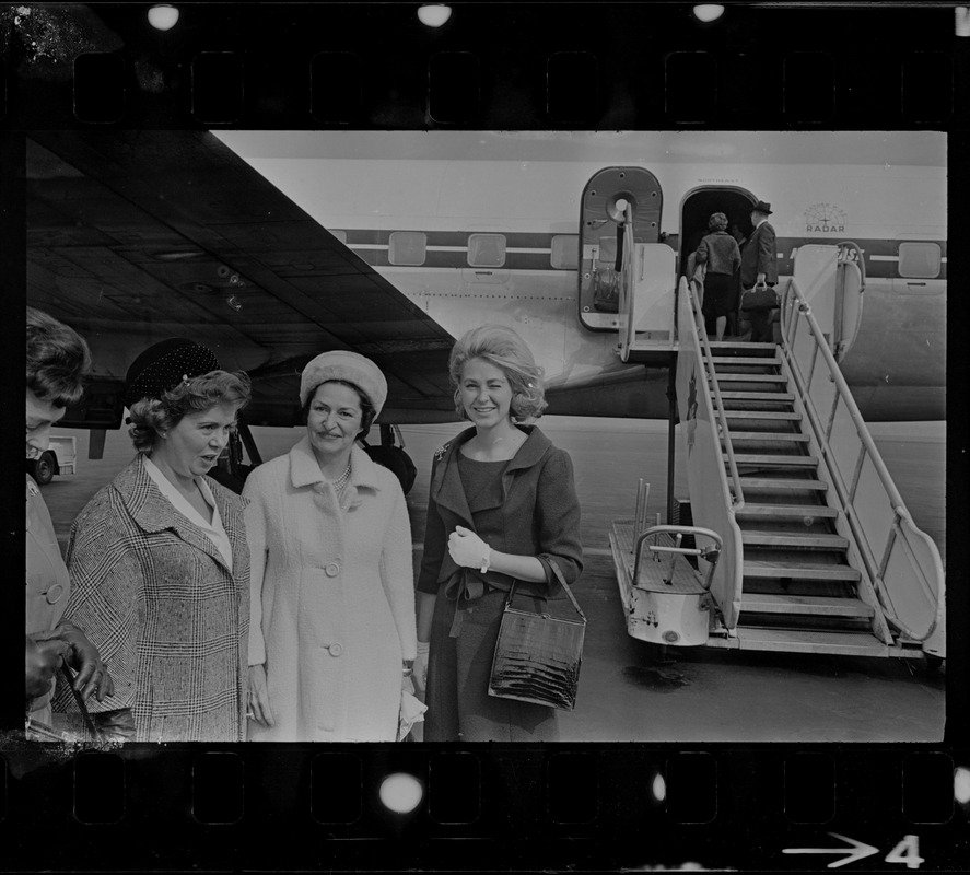 Mary E. Fantasia, Mary Collins, Lady Bird Johnson, and Joan Kennedy at Logan Airport