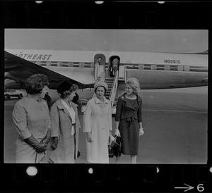 Mary E. Fantasia, Mary Collins, Lady Bird Johnson, and Joan Kennedy at Logan Airport