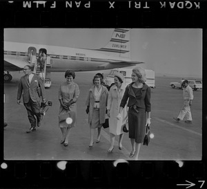 Mary E. Fantasia, Mary Collins, Lady Bird Johnson, and Joan Kennedy at Logan Airport