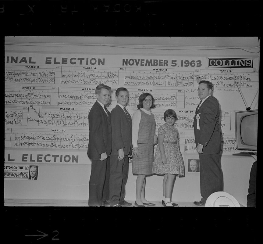 Children of Boston Mayor John Collins at voting tally board on night of his re-election