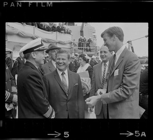 Capt. Leon I. Smith, Gov. John Volpe and Jim Lonborg at homecoming of U. S. S. Boston at South Boston Naval Annex