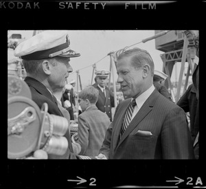 Capt. Leon I. Smith and Gov. John Volpe at homecoming of U. S. S. Boston at South Boston Naval Annex