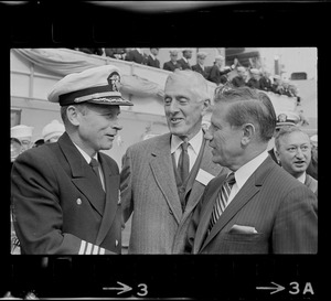 Capt. Leon I. Smith, Sen. Leverett Saltonstall, and Gov. John Volpe at homecoming of U. S. S. Boston at South Boston Naval Annex