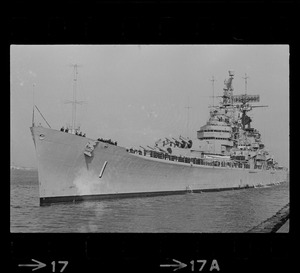 Guided missile cruiser U. S. S. Boston comes alongside pier at South Boston Naval Annex