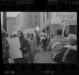 Protesters outside the Federal Building in Boston during arraignment of the "Boston Five" on charges of aiding draft resisters
