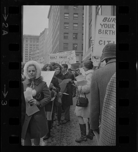 Protesters outside the Federal Building in Boston during arraignment of the "Boston Five" on charges of aiding draft resisters