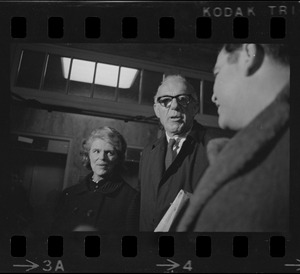 Jane Spock and Dr. Benjamin Spock at the Federal Building in Boston for arraignment of "Boston Five" on charges of aiding draft resisters