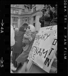 Protesters outside the Federal Building in Boston during arraignment of the "Boston Five" on charges of aiding draft resisters