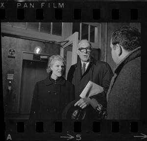Jane Spock and Dr. Benjamin Spock at the Federal Building in Boston for arraignment of "Boston Five" on charges of aiding draft resisters