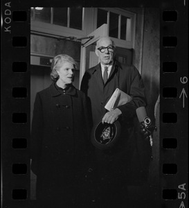 Jane Spock and Dr. Benjamin Spock at the Federal Building in Boston for arraignment of "Boston Five" on charges of aiding draft resisters