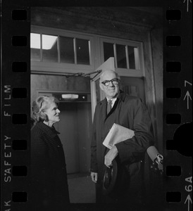 Jane Spock and Dr. Benjamin Spock at the Federal Building in Boston for arraignment of "Boston Five" on charges of aiding draft resisters