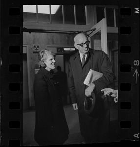 Jane Spock and Dr. Benjamin Spock at the Federal Building in Boston for arraignment of "Boston Five" on charges of aiding draft resisters