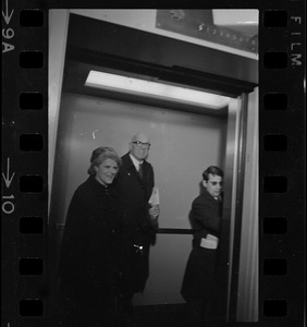 Jane Spock and Dr. Benjamin Spock at the Federal Building in Boston for arraignment of "Boston Five" on charges of aiding draft resisters