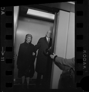 Jane Spock and Dr. Benjamin Spock at the Federal Building in Boston for arraignment of "Boston Five" on charges of aiding draft resisters