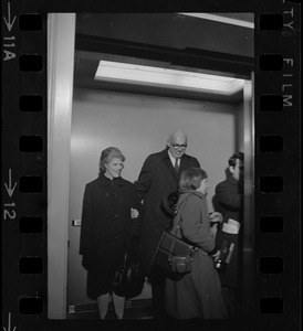 Jane Spock and Dr. Benjamin Spock at the Federal Building in Boston for arraignment of "Boston Five" on charges of aiding draft resisters