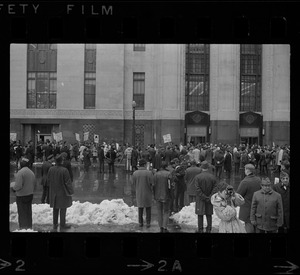 Protesters outside the Federal Building in Boston during arraignment of the "Boston Five" on charges of aiding draft resisters