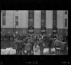 Protesters outside the Federal Building in Boston during arraignment of the "Boston Five" on charges of aiding draft resisters