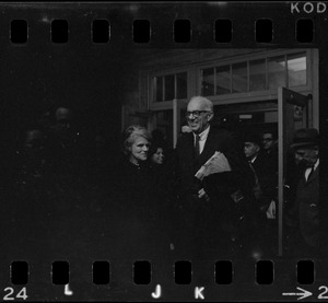 Jane Spock and Dr. Benjamin Spock at the Federal Building in Boston for arraignment of "Boston Five" on charges of aiding draft resisters