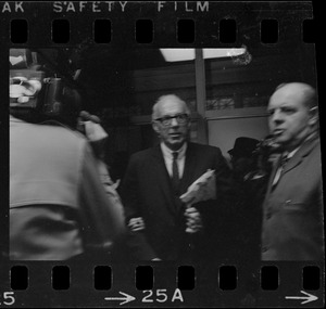 Dr. Benjamin Spock at the Federal Building in Boston for arraignment of "Boston Five" on charges of aiding draft resisters