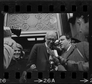 Jane Spock and Dr. Benjamin Spock at the Federal Building in Boston for arraignment of "Boston Five" on charges of aiding draft resisters