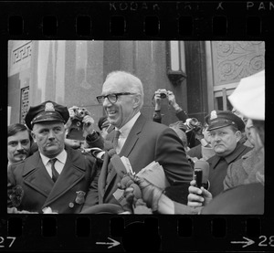 Dr. Benjamin Spock at the Federal Building in Boston for arraignment of "Boston Five" on charges of aiding draft resisters