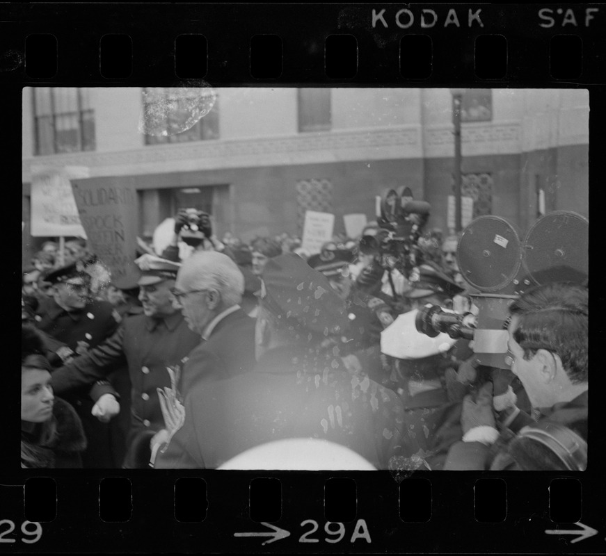 Dr. Benjamin Spock at the Federal Building in Boston for arraignment of