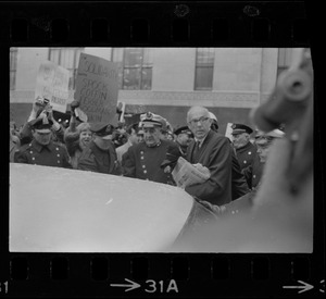 Dr. Benjamin Spock at the Federal Building in Boston for arraignment of "Boston Five" on charges of aiding draft resisters