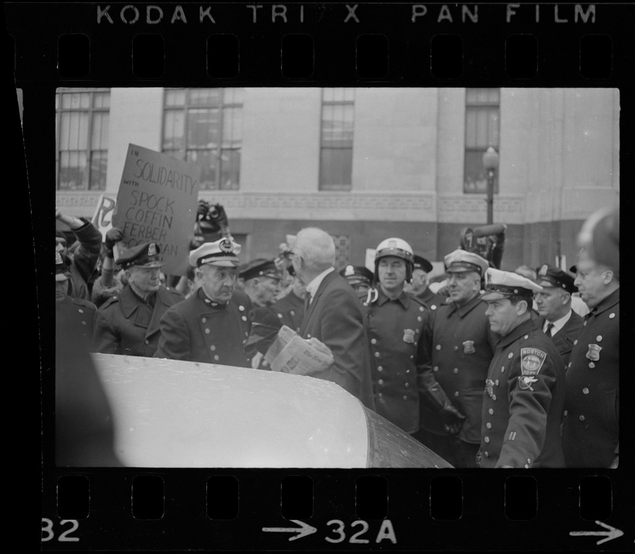 Dr. Benjamin Spock at the Federal Building in Boston for arraignment of