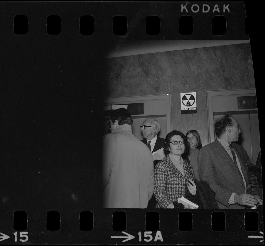 Dr. Benjamin Spock and Mitchell Goodman at the Federal Building in Boston for arraignment of "Boston Five" on charges of aiding draft resisters