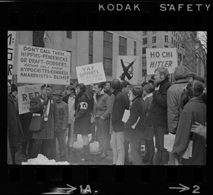 Protesters outside the Federal Building in Boston during arraignment of the "Boston Five" on charges of aiding draft resisters