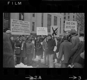 Protesters outside the Federal Building in Boston during arraignment of the "Boston Five" on charges of aiding draft resisters