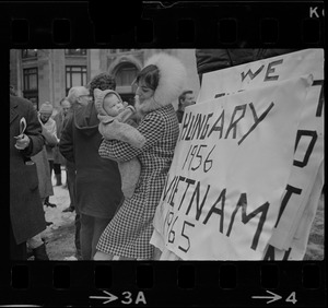 Protesters outside the Federal Building in Boston during arraignment of the "Boston Five" on charges of aiding draft resisters