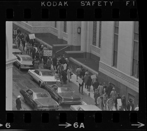 Protesters outside the Federal Building in Boston during arraignment of the "Boston Five" on charges of aiding draft resisters