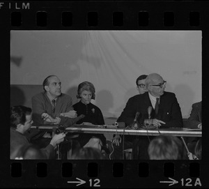 Mitchell Goodman, Jane Spock, and Benjamin Spock at "Boston Five" press conference at Arlington Street Church