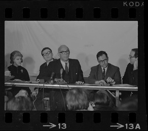 Jane Spock, Michael Ferber, Benjamin Spock, Marcus Raskin, and William Sloane Coffin at "Boston Five" press conference at Arlington Street Church